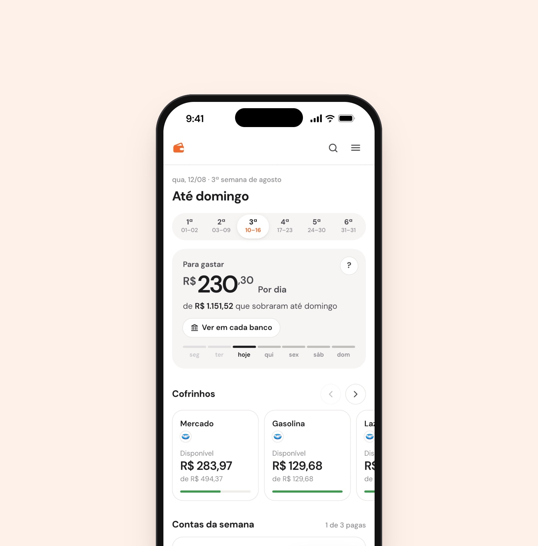 Até domingo screen: R$ 230,30 a day safe to spend until Sunday, above the week's piggy banks