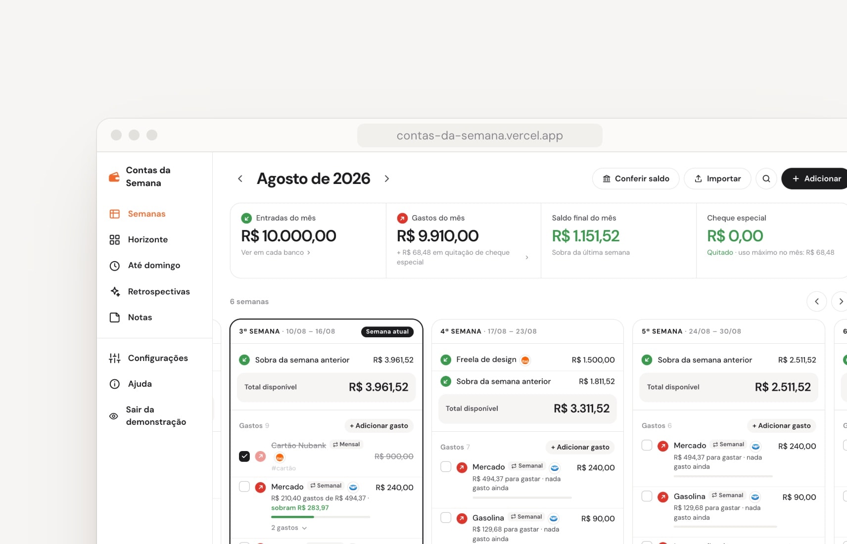 The month on desktop: income, spending, final balance and overdraft, above a carousel of weeks