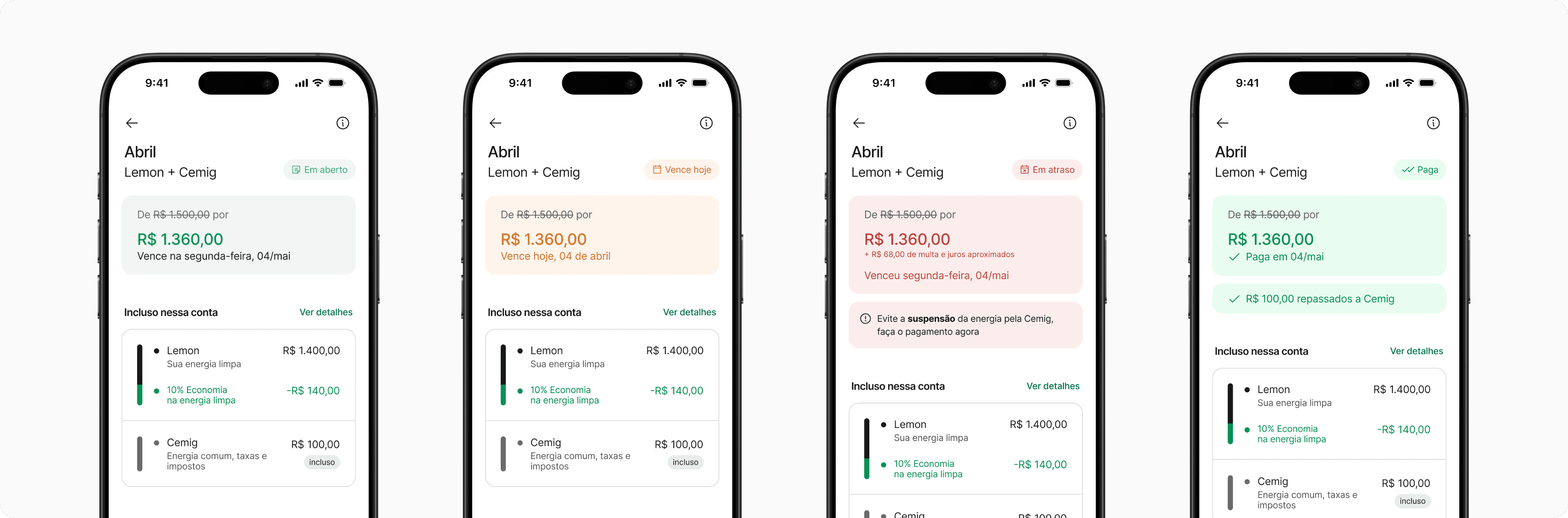Four phones showing the April bill as open, due today, overdue and paid