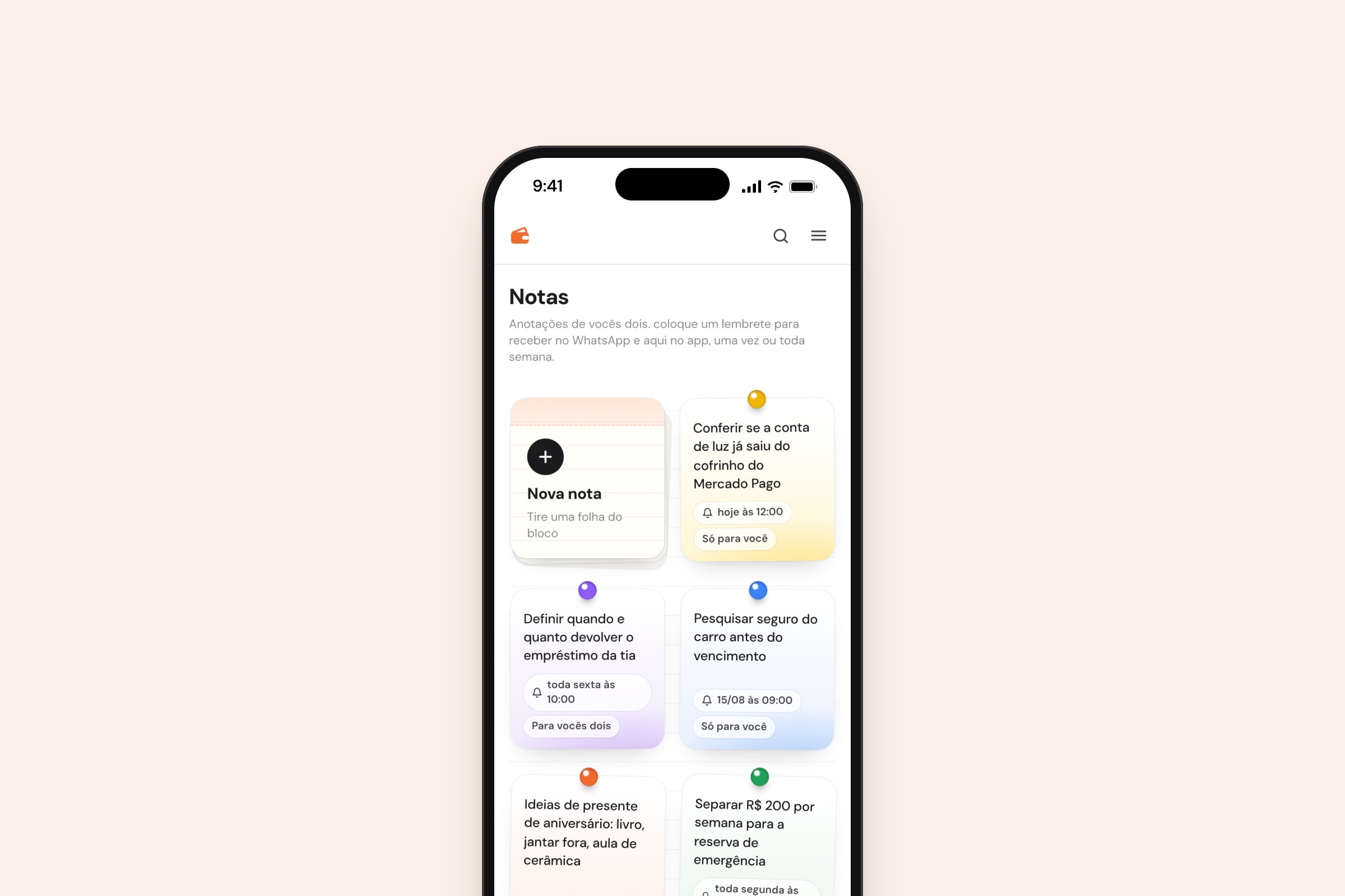 Shared notes with reminders, delivered in the app and on WhatsApp