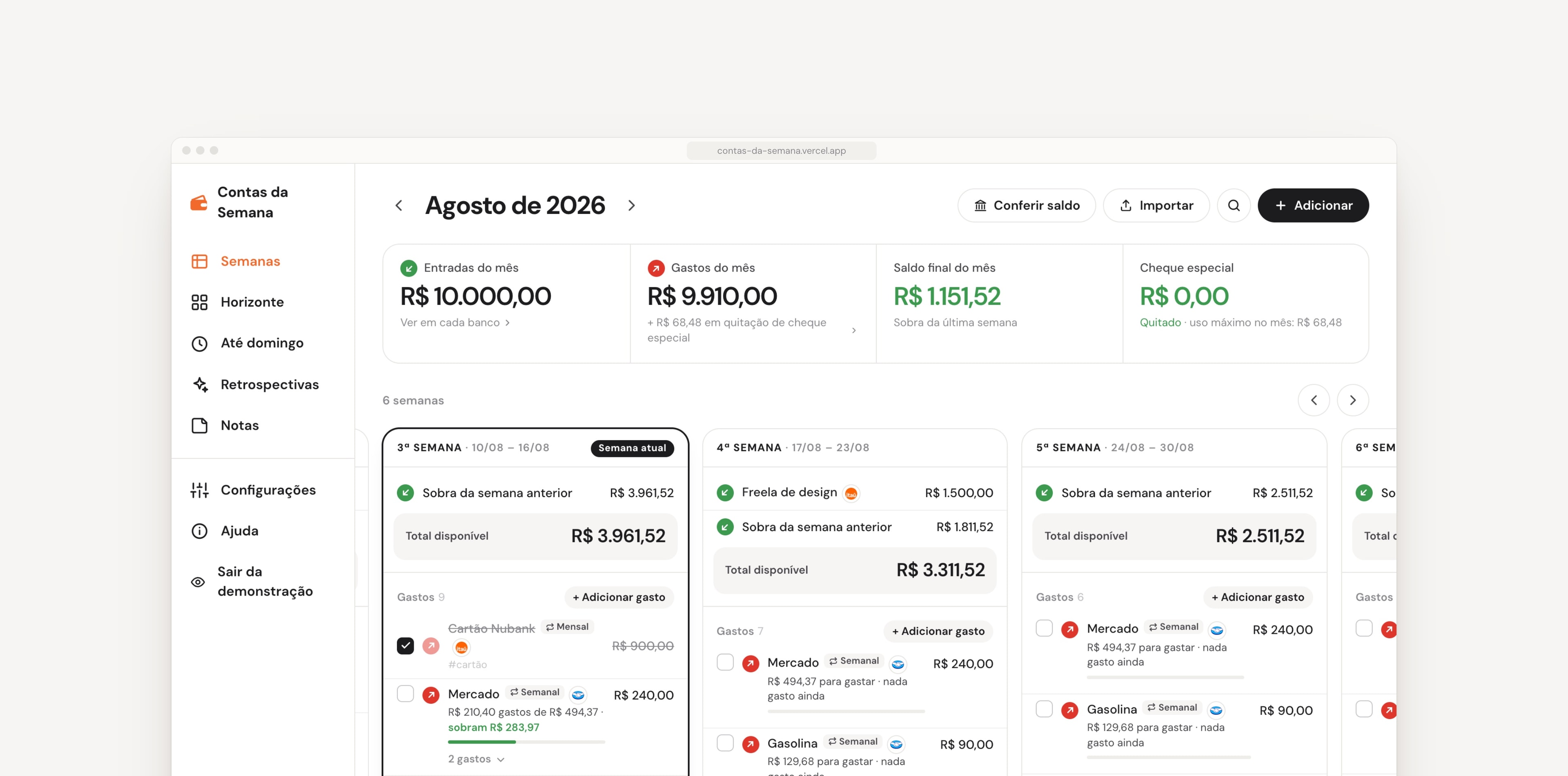 The month on desktop: income, spending, final balance and overdraft, above the weeks with their leftovers and bills