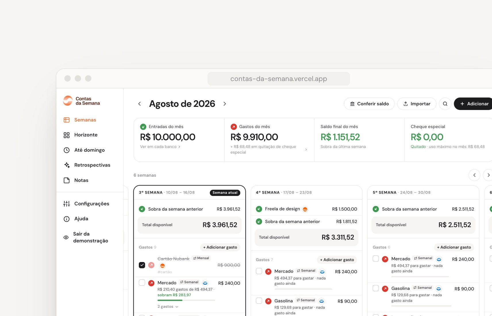The month on desktop: income, spending, final balance and overdraft, above a carousel of weeks
