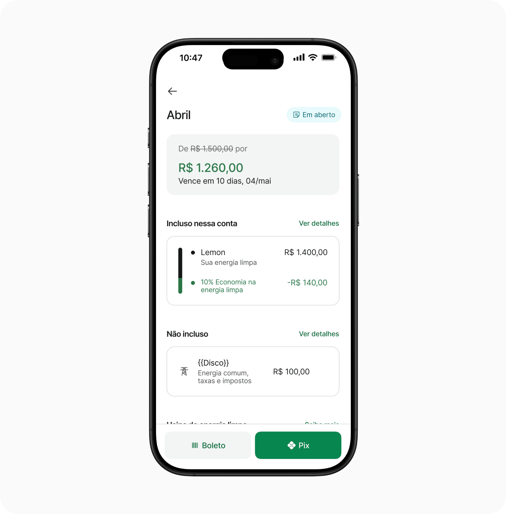 Open April bill showing the discounted total and its breakdown