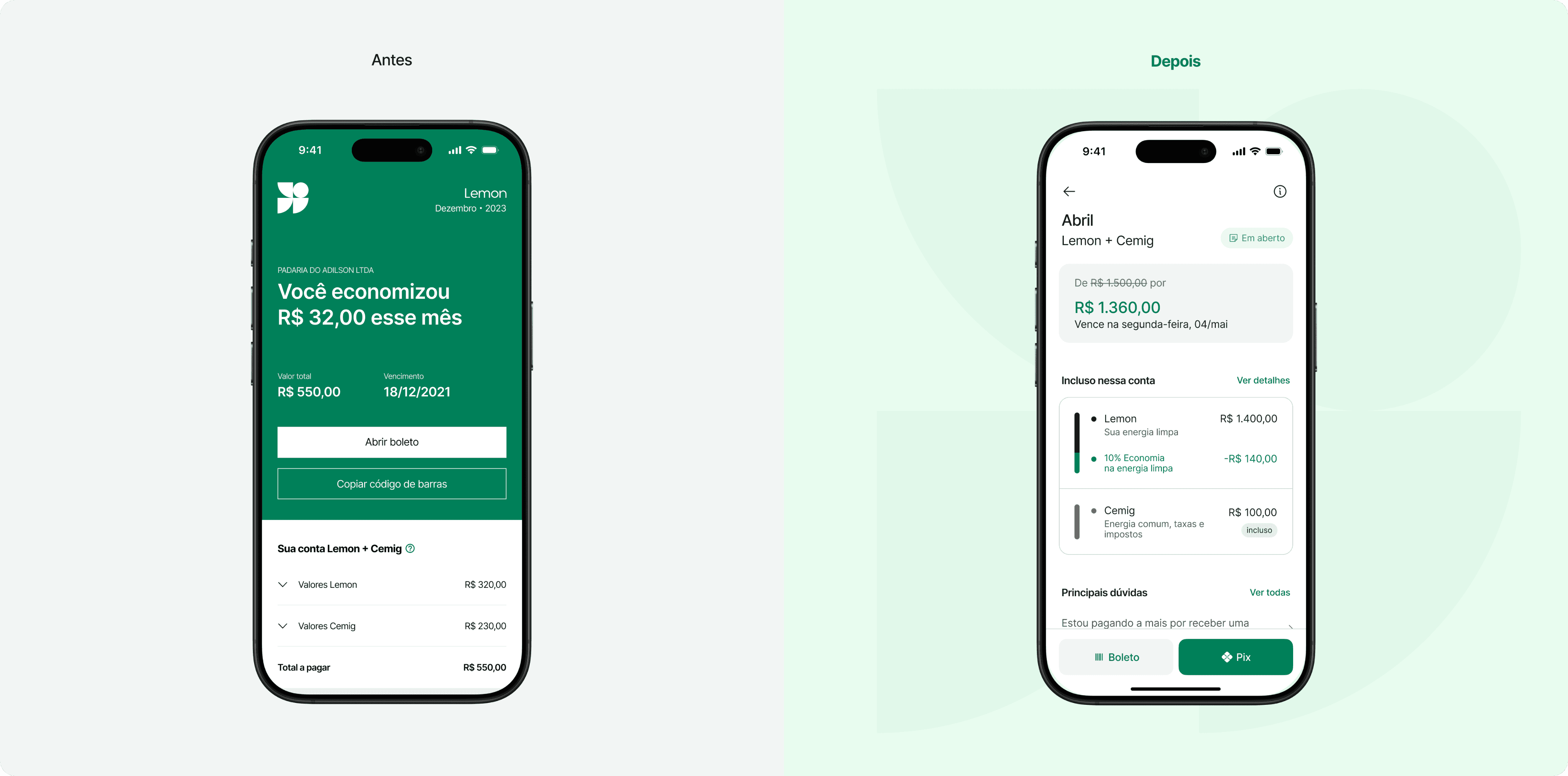Before and after: the old savings screen beside the redesigned unified bill
