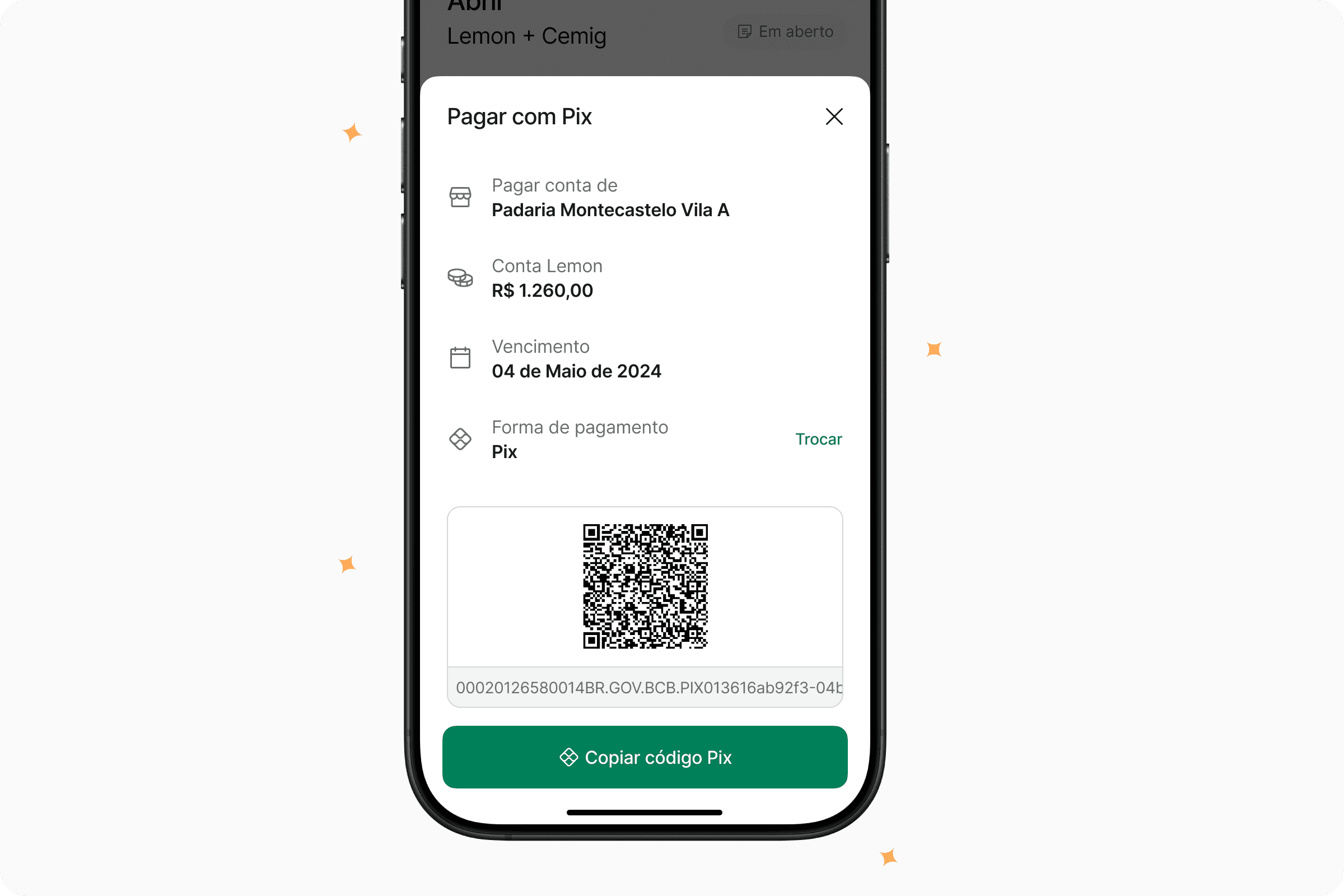 Pix payment sheet with the payer, amount, due date and QR code