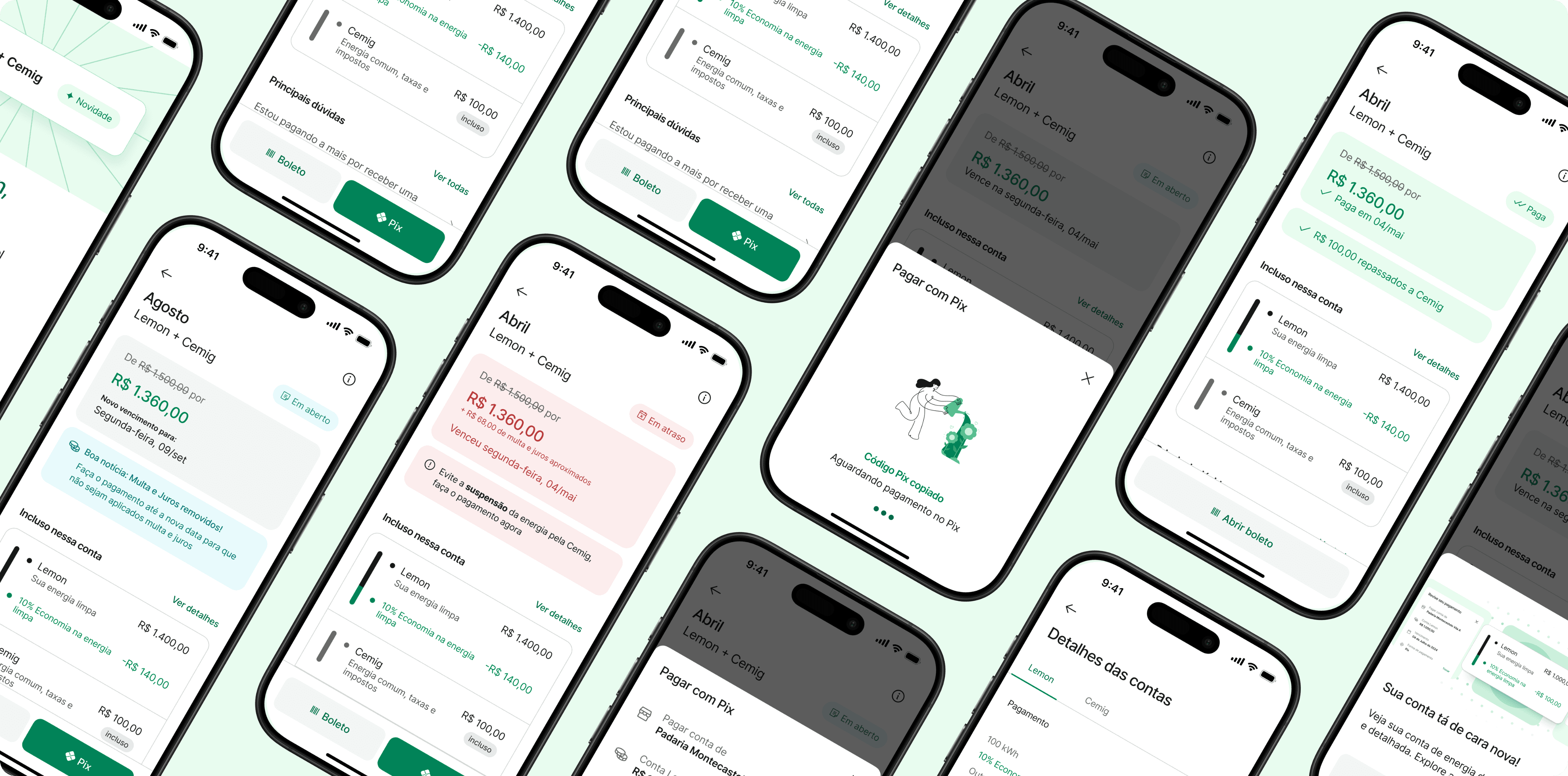 Collage of the redesigned account screens across every bill state