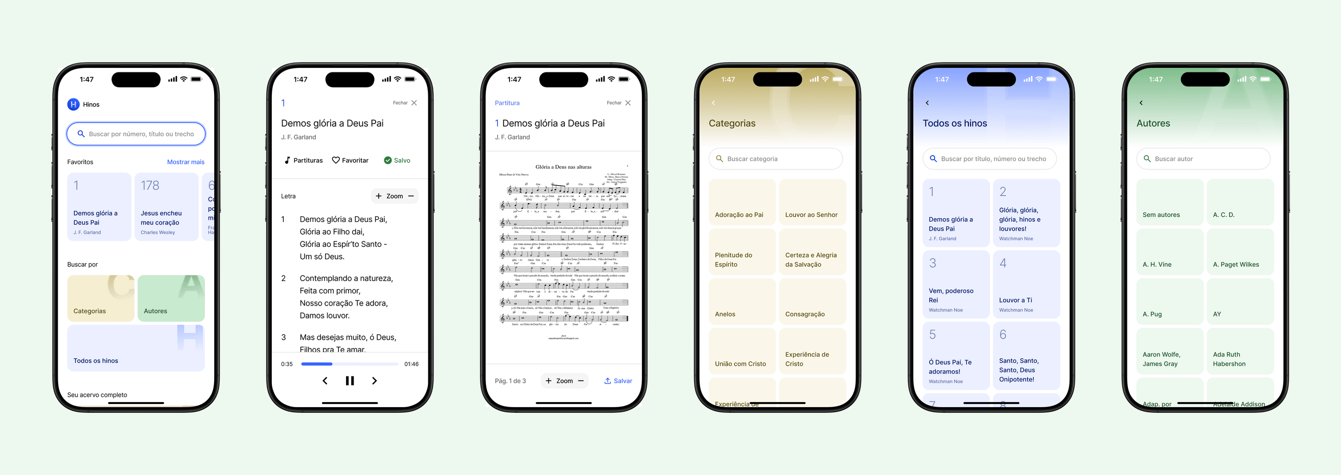 Hinos app browsing hymns, lyrics and recordings